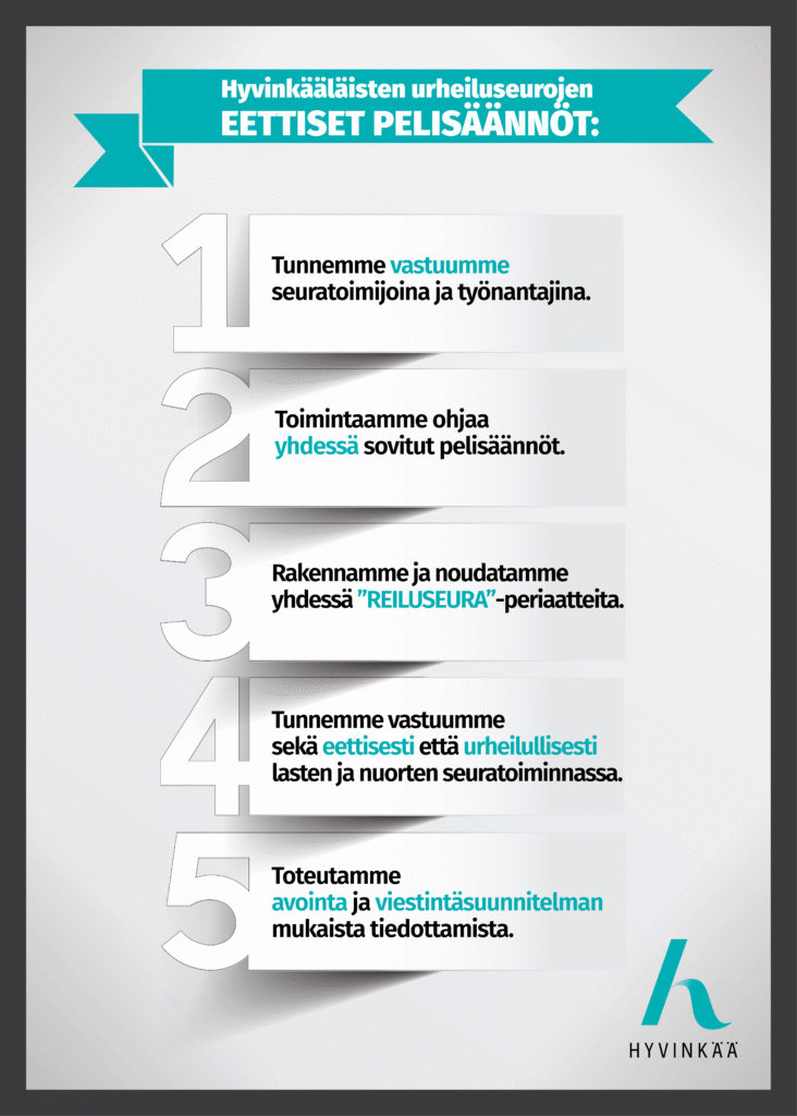 1. Tunnemme vastuumme seuratoimijoina ja työnantajina.
2. Toimintaamme ohjaa yhdessä sovitut pelisäännöt.
3. Rakennamme ja noudatamme yhdessä reiluseura-periaatteita.
4. Tunnemme vastuumme sekä eettisesti että urheilullisesti lasten ja nuorten seuratoiminnassa.
5.. Toteutamme avointa ja viestintäsuunnitelman mukaista tiedottamista.